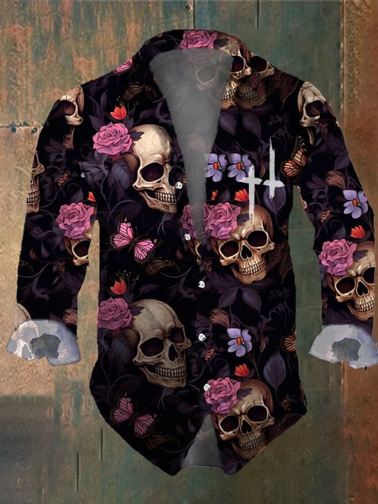 Men's Vintage Dark Skull Print Long Sleeve Shirt