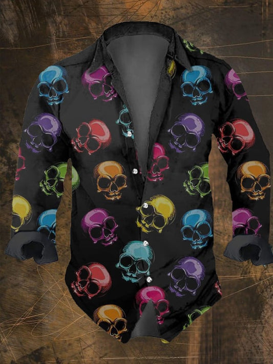 Men's Vintage Dark Skull Print Long Sleeve Shirt