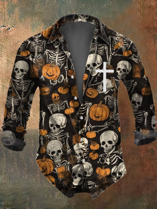 Men's Halloween Skull Print Long Sleeve Shirt