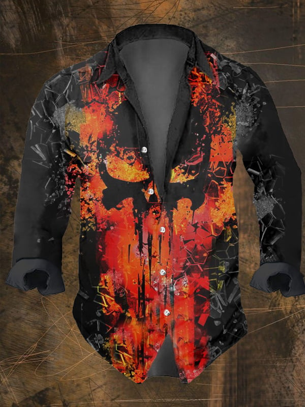 Men's Vintage Dark Skull Print Long Sleeve Shirt