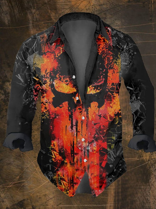 Men's Vintage Dark Skull Print Long Sleeve Shirt