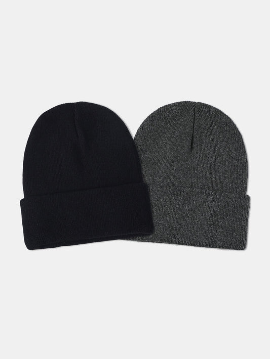 2 Pieces Solid Color Warm Knit Beanie Hat