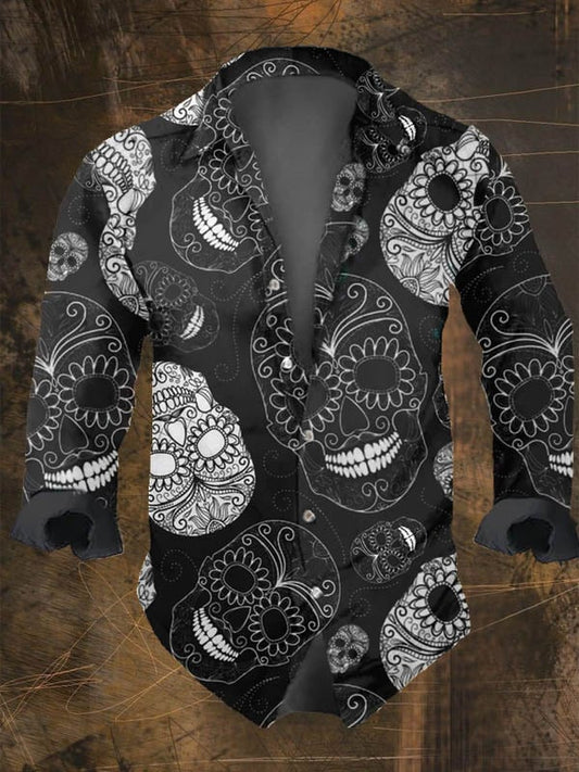 Dark Retro Skull Print Long Sleeve Shirt