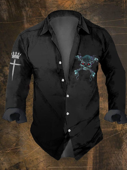 Men's Vintage Dark Skull Print Long Sleeve Shirt