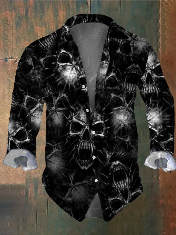 Men's Vintage Dark Skull Print Long Sleeve Shirt