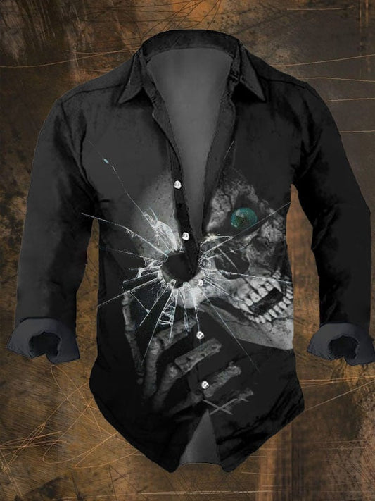 Men's Vintage Dark Skull Print Long Sleeve Shirt