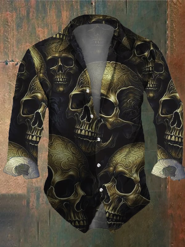 Men's Vintage Dark Skull Print Long Sleeve Shirt