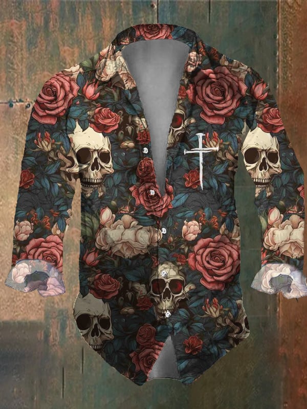 Men's Vintage Dark Skull Print Long Sleeve Shirt