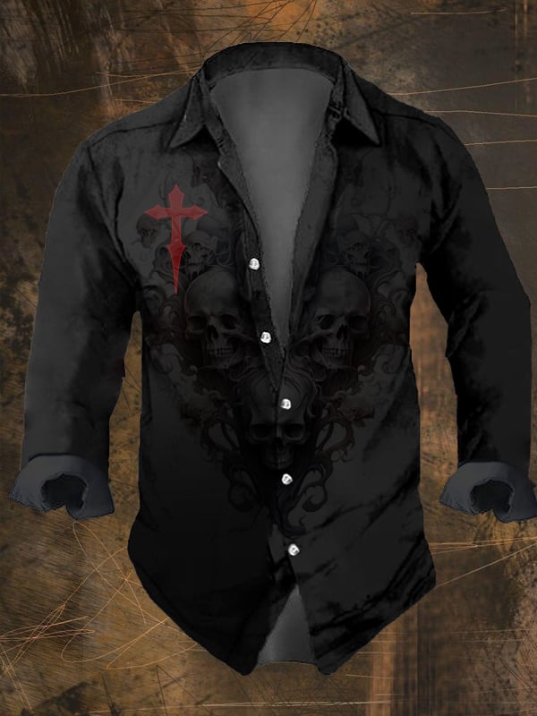 Men's Vintage Dark Skull Print Long Sleeve Shirt