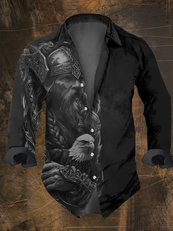 Men's Vintage Viking Print Long Sleeve Shirt