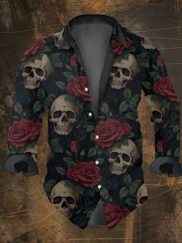 Men's Vintage Dark Skull Print Long Sleeve Shirt