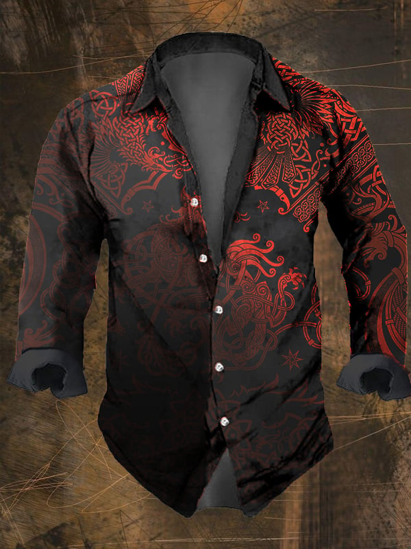 Men's Vintage Viking Print Lapel Shirt