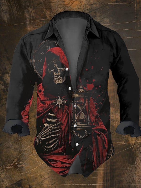 Men's Vintage Dark Skull Print Long Sleeve Shirt