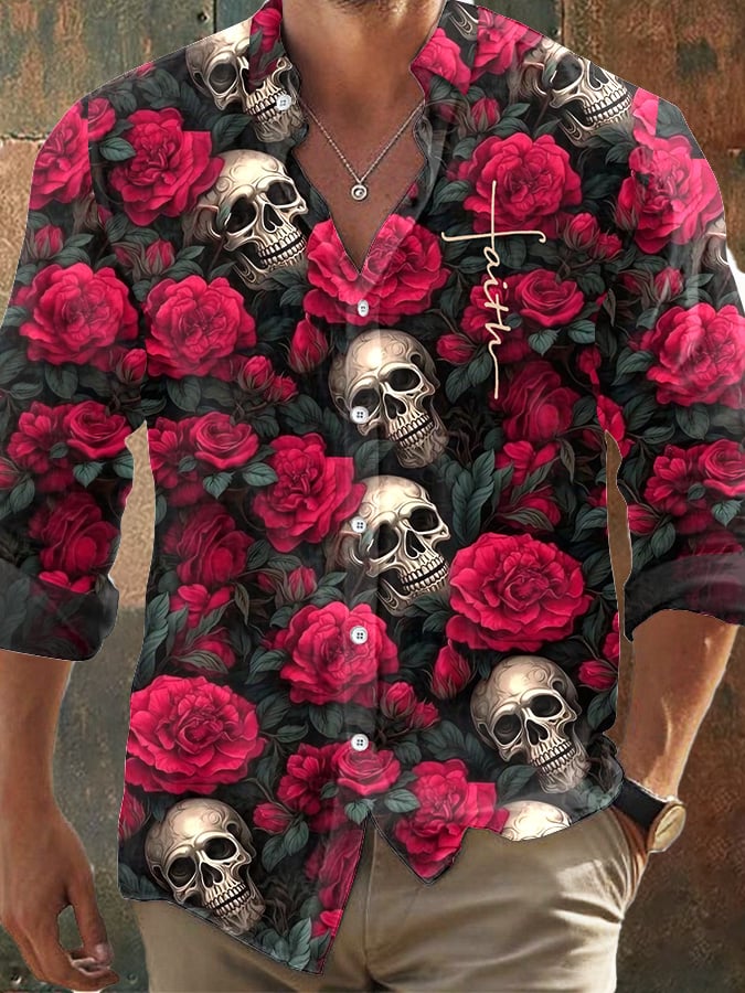 Men's Dark Skull Print Long Sleeve Shirt