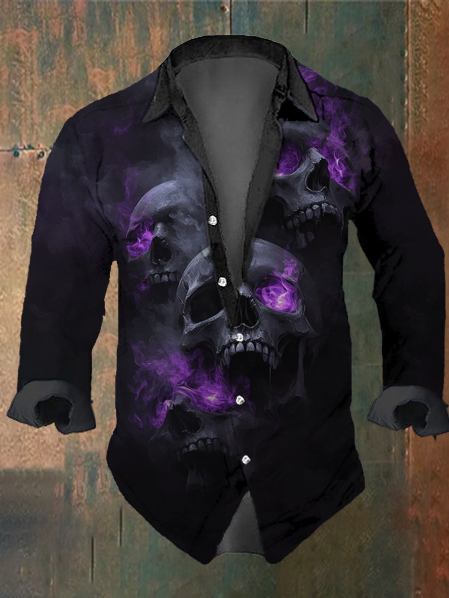 Men's Vintage Skull Misty Print Long Sleeve Shirt