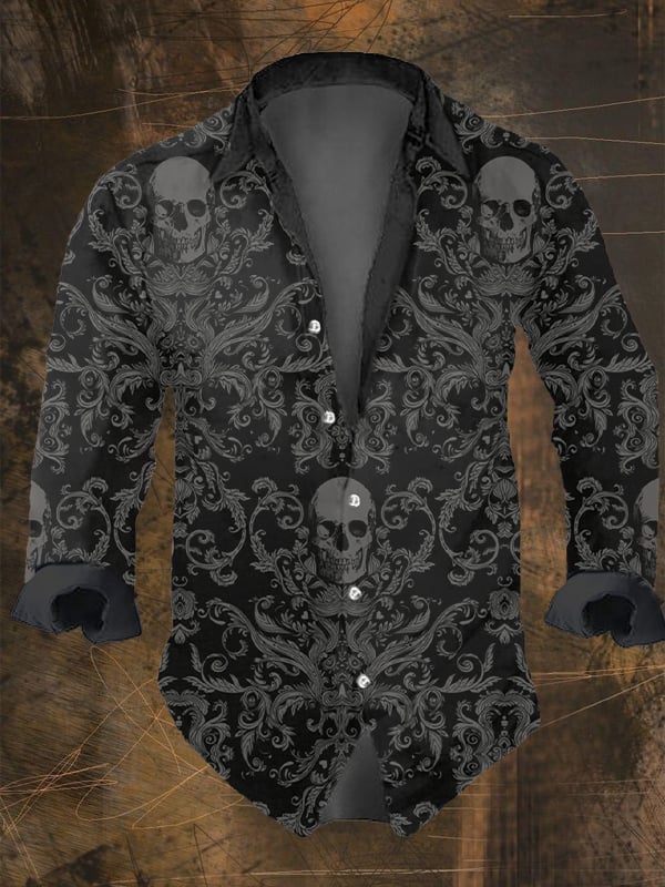 Men's Vintage Dark Skull Print Long Sleeve Shirt