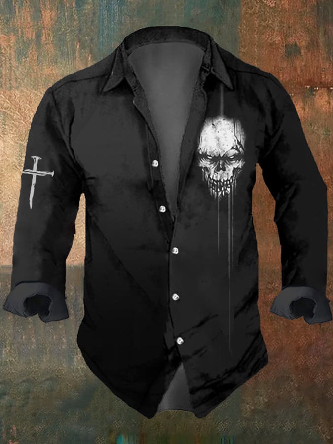 Men's Dark Skull Print Long Sleeve Shirt