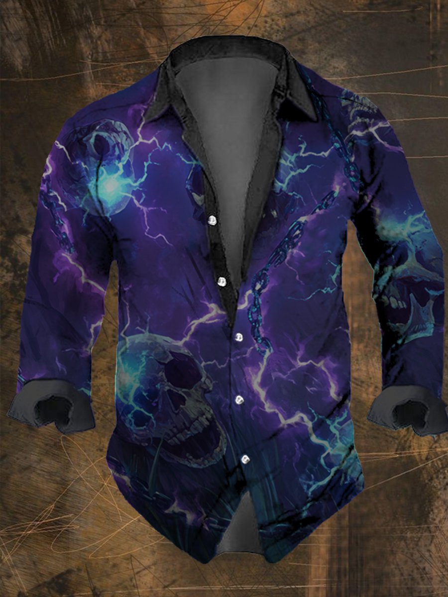 Men's Vintage Lightning Chain Skull Print Long Sleeve Shirt