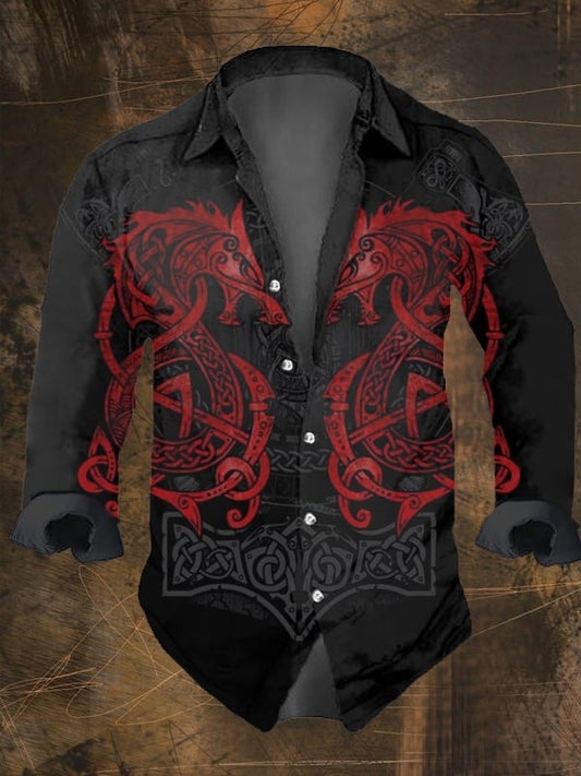 Men's Vintage Viking Print Long Sleeve Shirt