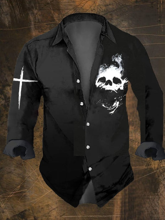 Men's Vintage Dark Skull Print Long Sleeve Shirt