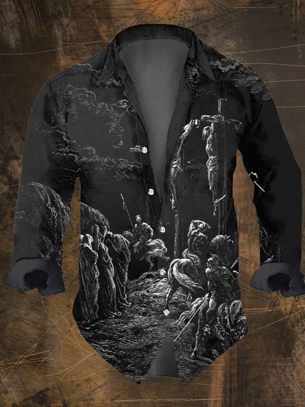 Men's Vintage Dark Skull Print Long Sleeve Shirt