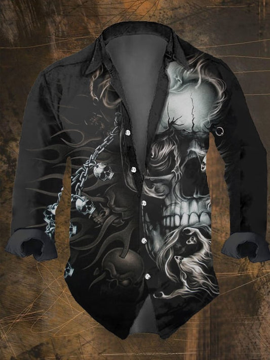 Men's Vintage Dark Skull Print Long Sleeve Shirt