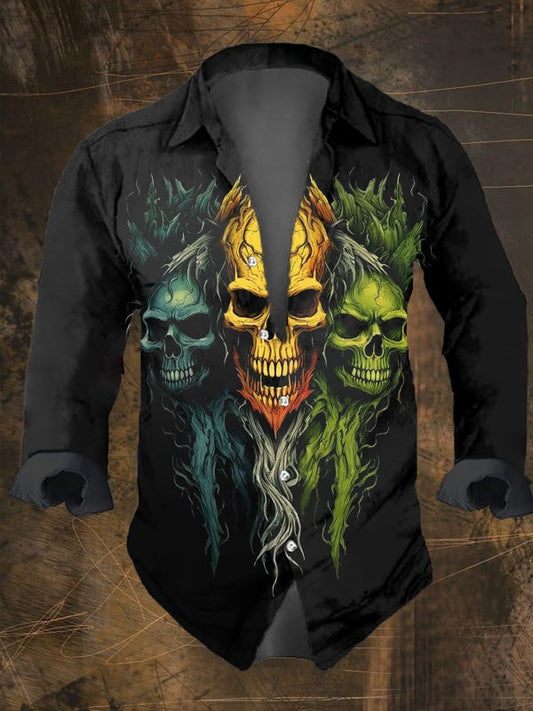 Men's Vintage Dark Skull Print Long Sleeve Shirt