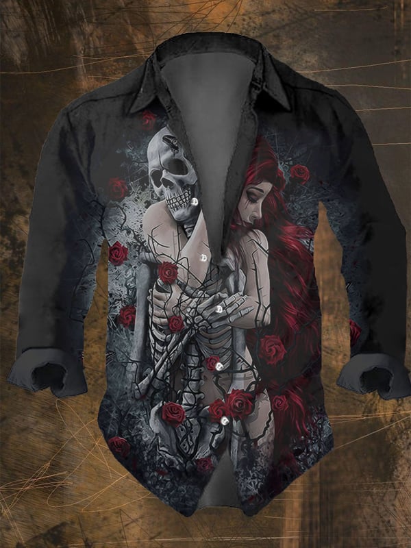 Men's Vintage Dark Skull Print Long Sleeve Shirt