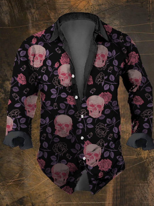 Men's Vintage Rose Skull Print Long Sleeve Shirt