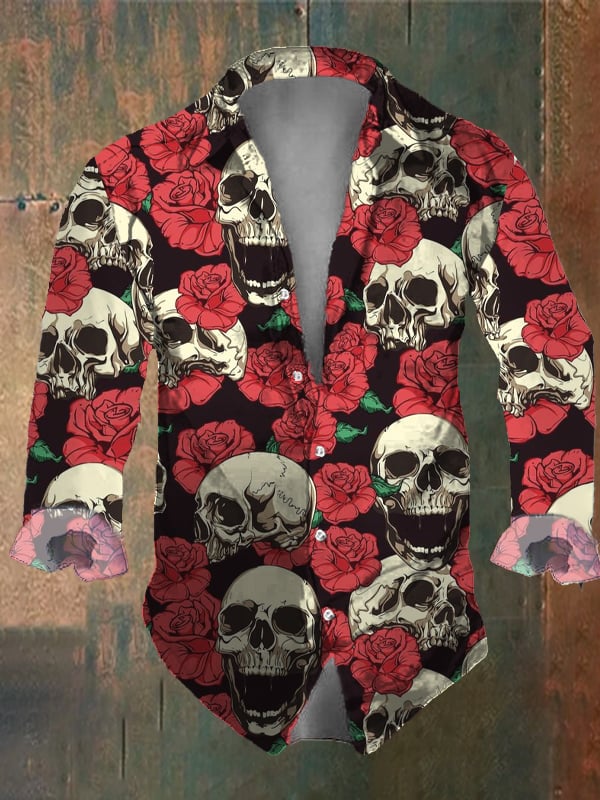 Men's Vintage Dark Skull Print Long Sleeve Shirt