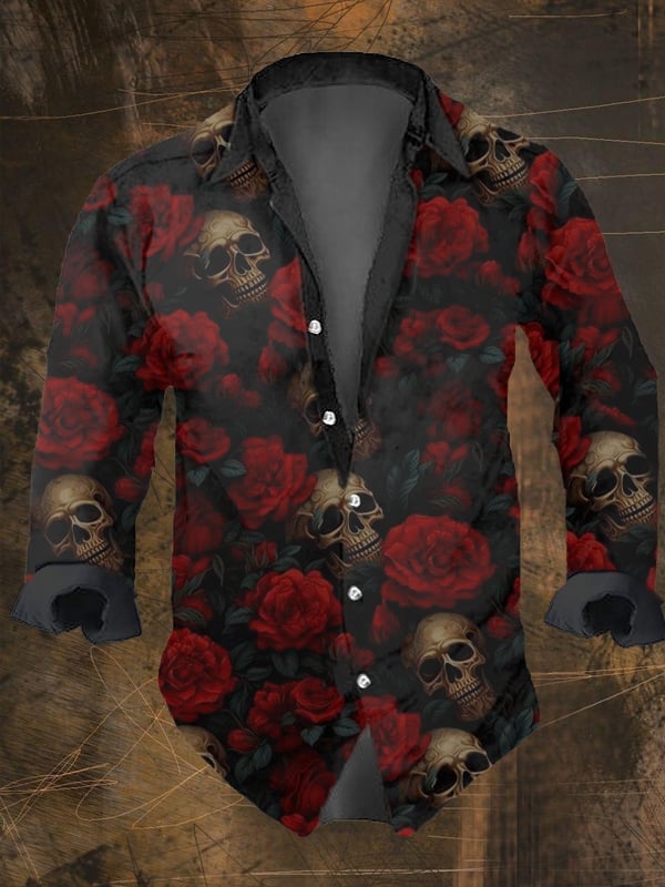 Men's Vintage Dark Skull Print Long Sleeve Shirt