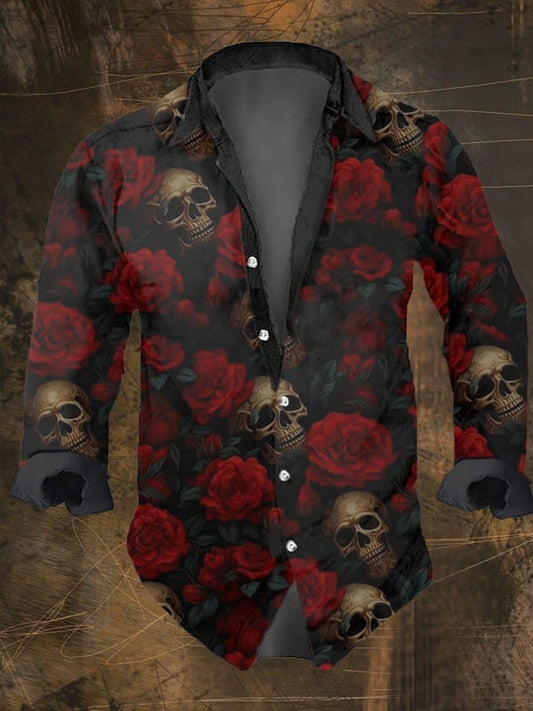 Men's Vintage Dark Skull Print Long Sleeve Shirt