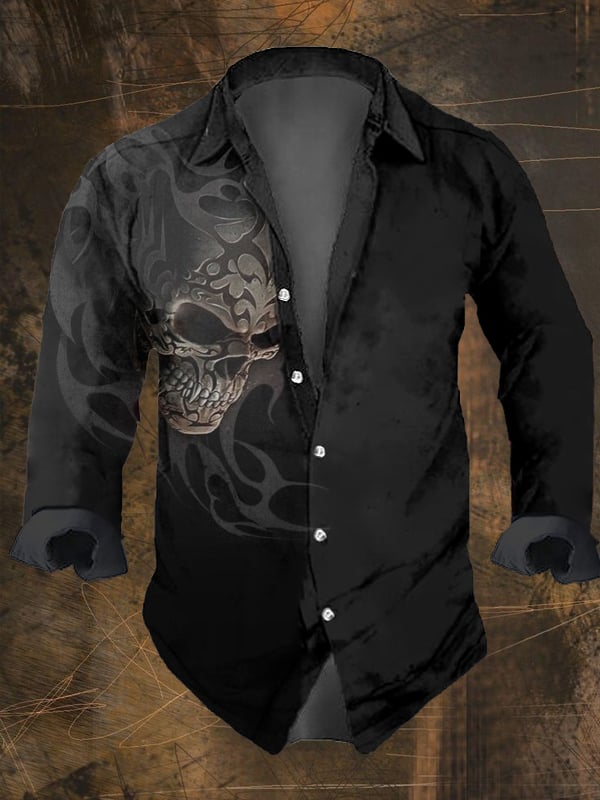 Men's Vintage Dark Skull Print Long Sleeve Shirt