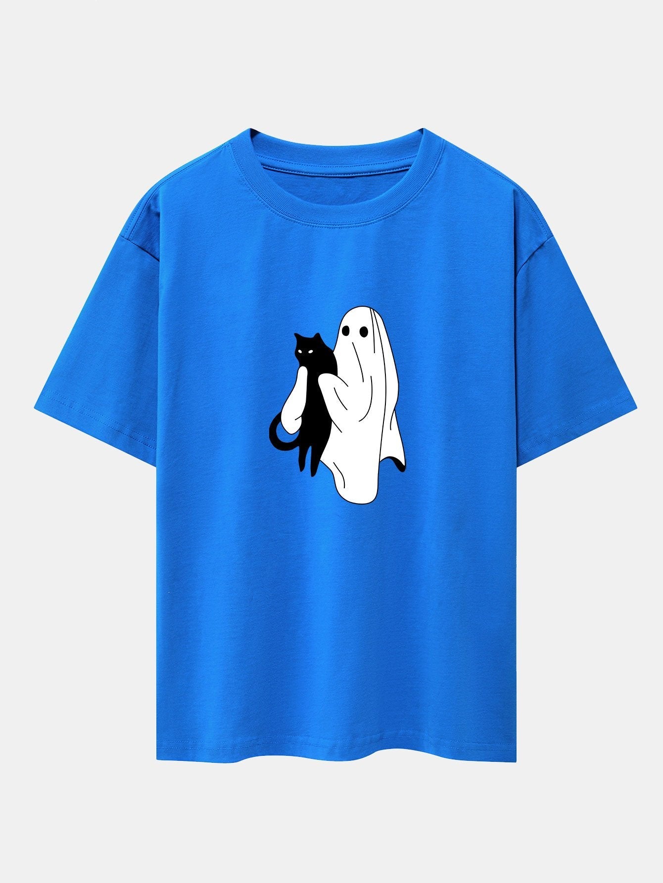 Ghost Black Cat Print Drop Shoulder Oversize T-Shirt