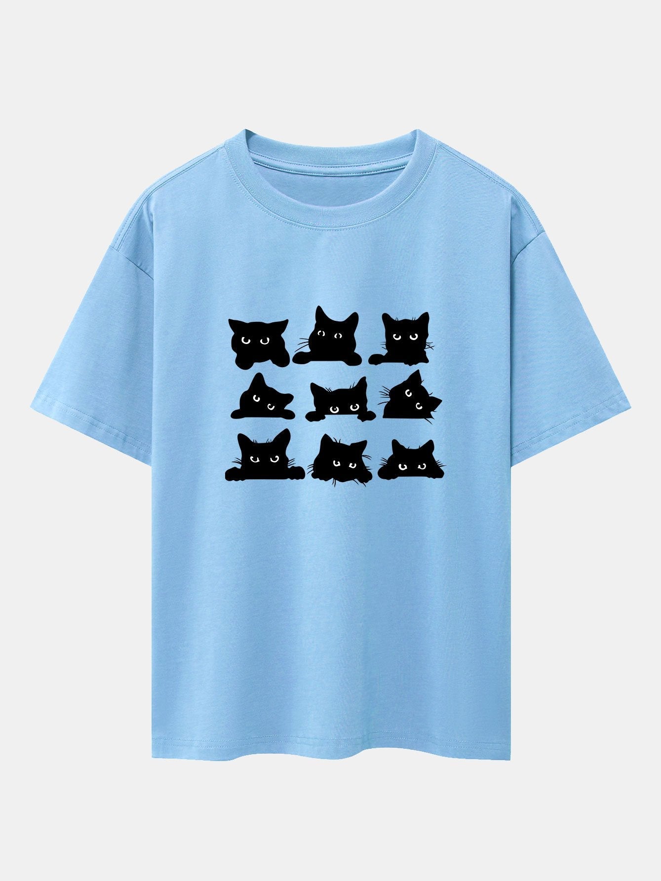 Black Cat Staring Print Drop Shoulder Oversize T-Shirt