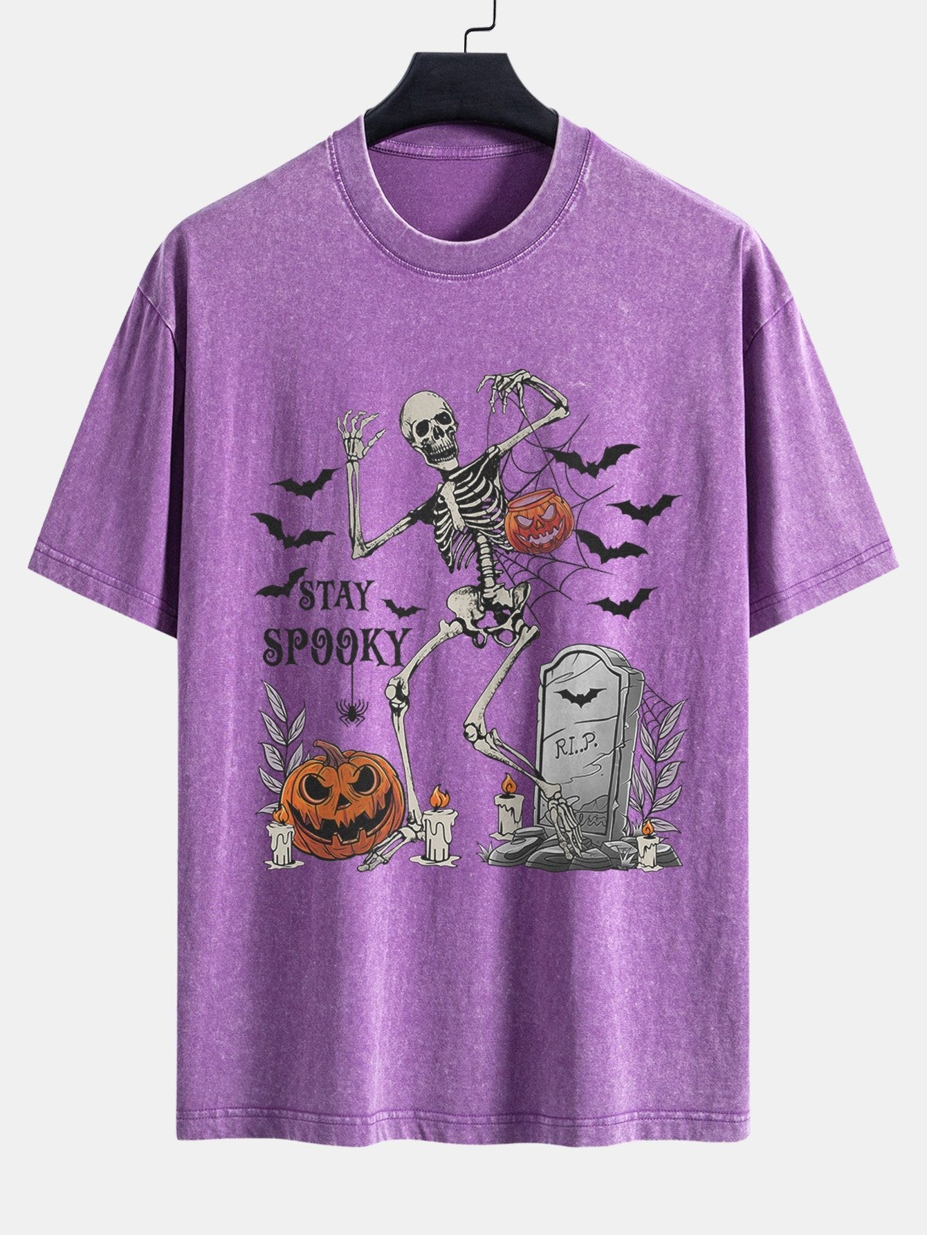 Halloween Skeleton Stay Spooky Print Washed Distressed Drop Shoulder T-Shirt