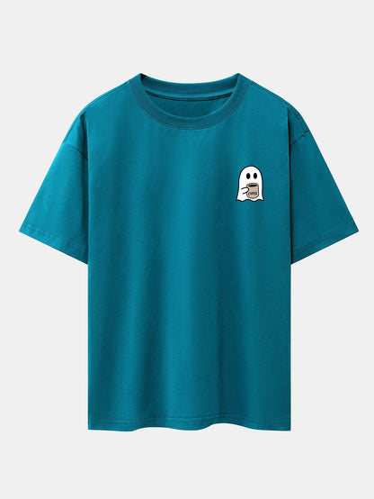 Ghost Drinking Coffee Print Drop Shoulder Oversize T-Shirt