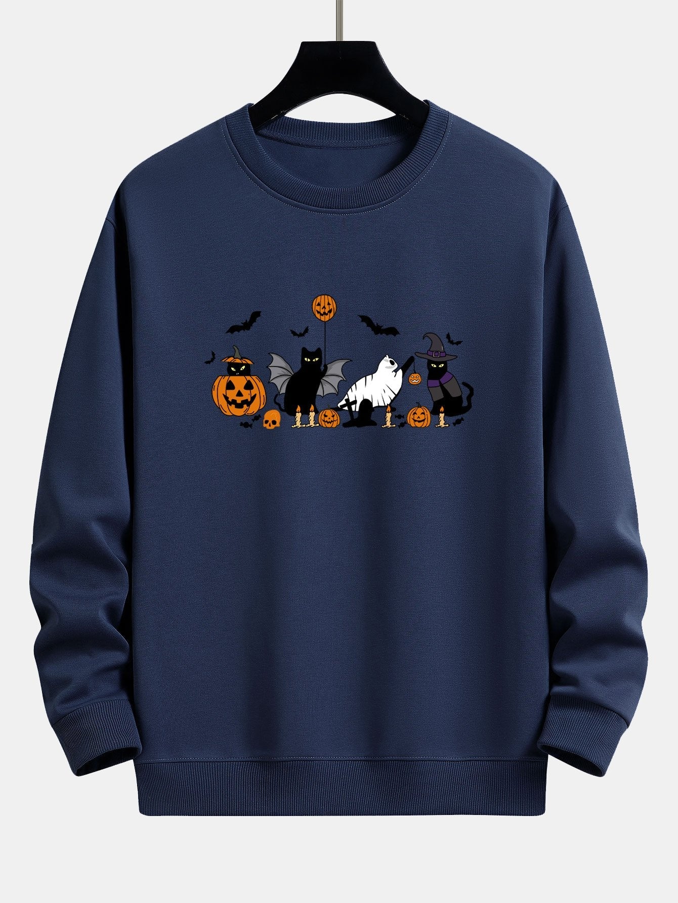 Halloween Pumpkin Black Cat Print Relax Fit Sweatshirt