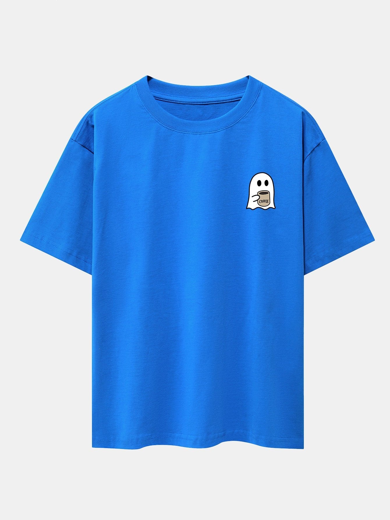 Ghost Drinking Coffee Print Drop Shoulder Oversize T-Shirt