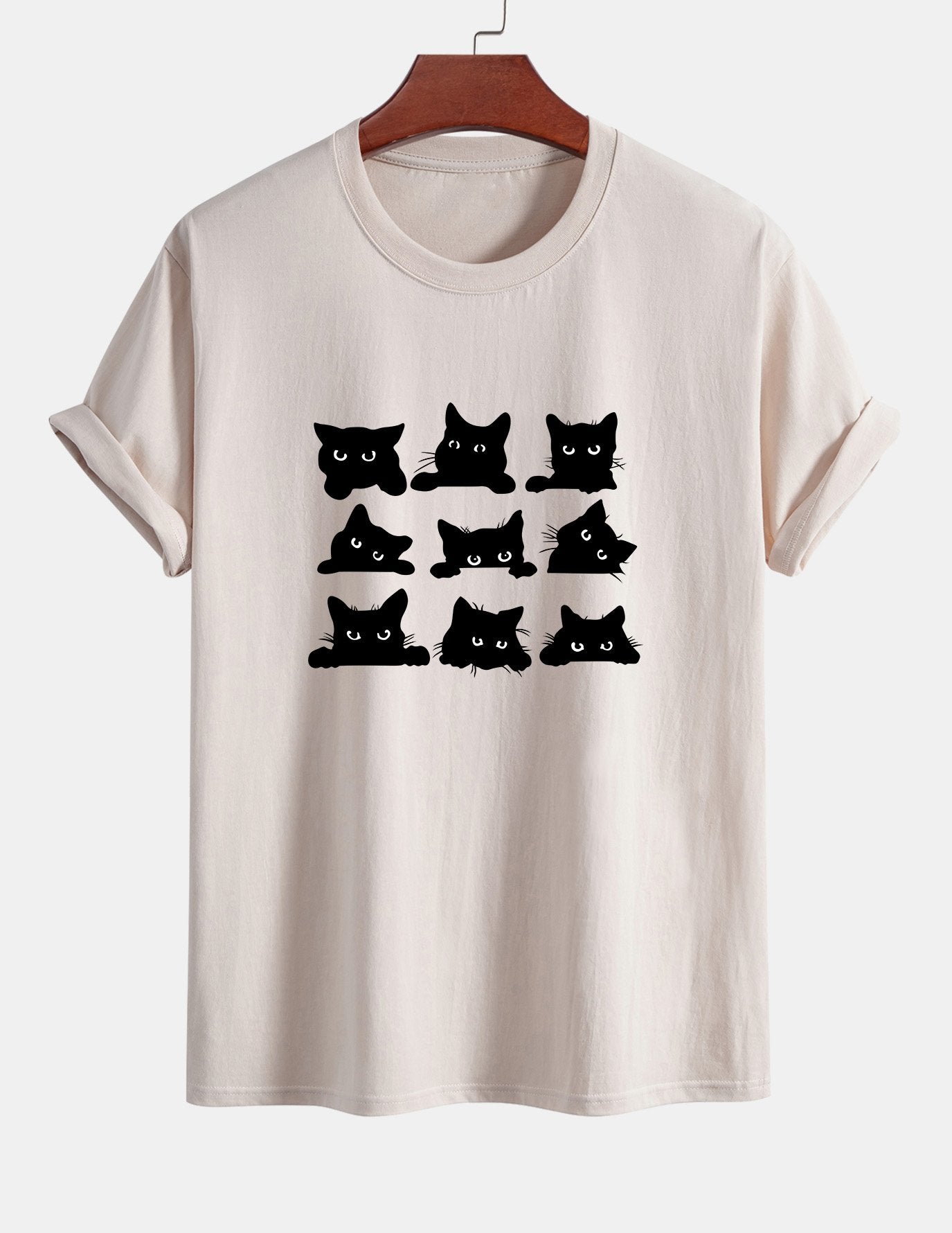 Regular Fit Black Cat Staring Print Cotton T-Shirt