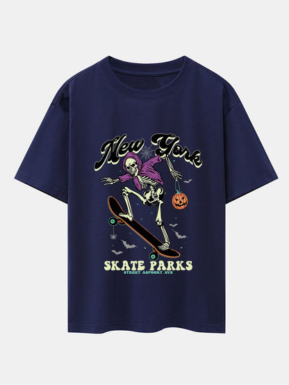 Halloween Skateboard Skeleton Print Drop Shoulder Oversize T-Shirt