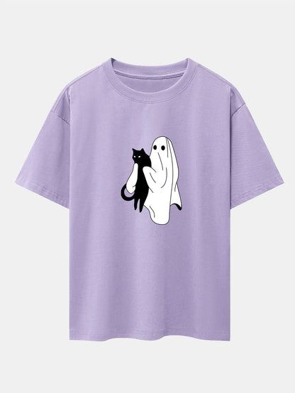 Ghost Black Cat Print Drop Shoulder Oversize T-Shirt