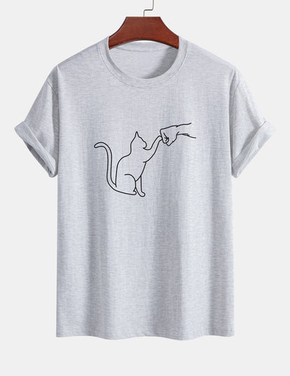 Regular Fit Fist Bump Cat Print Cotton T-Shirt