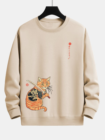 Samurai Warrior Cat Print Relax Fit Sweatshirt