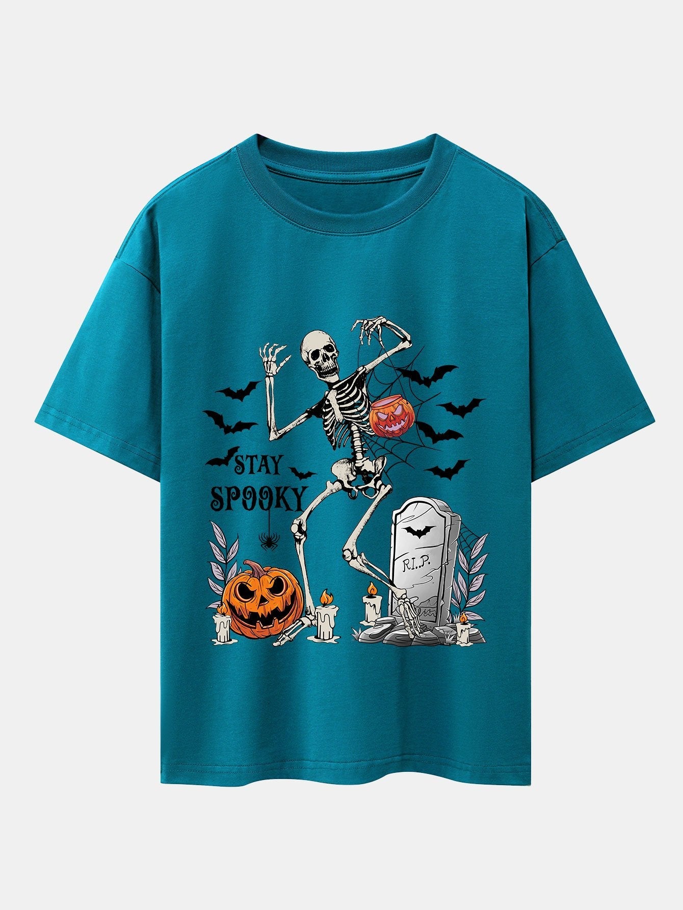 Halloween Skeleton Stay Spooky Print Drop Shoulder Oversize T-Shirt