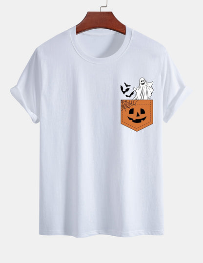 Regular Fit Pocket Pumpkin Ghost Print Cotton T-Shirt