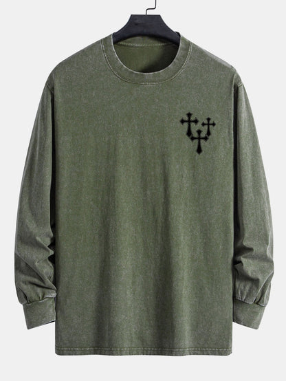 Cross Print Relax Fit Long Sleeve Washed Distressed T-Shirt