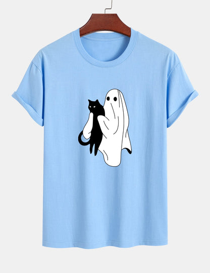 Regular Fit Ghost Black Cat Print Cotton T-Shirt