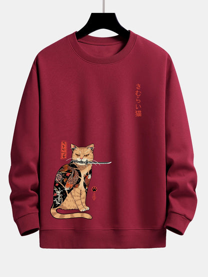 Japanese Samurai Cat Print Relax Fit Sweatshirt