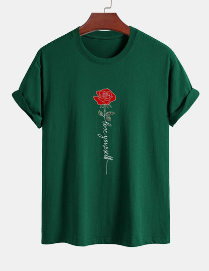 Regular Fit Rose Slogan Print Cotton T-Shirt